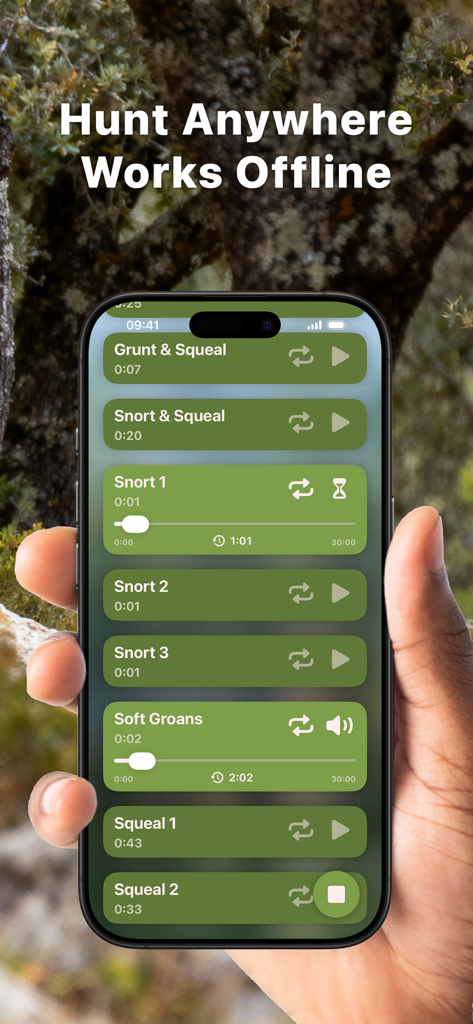 Hunting Calls: Hog, Pig & Boar - A hand holding a smartphone displaying the Hog Pig and Boar Hunting Calls app interface with various sound options and offline status.