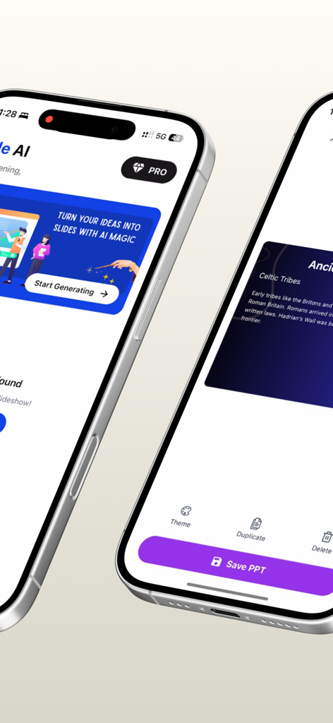 Dois iPhones exibindo a interface do aplicativo GammaAI para gerar slides com IA e salvar apresentações PPT.