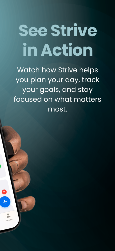 Strive Planner - Una pantalla promocional de la aplicación Strive Planner destacando sus características para planificar el día y realizar un seguimiento de las metas.