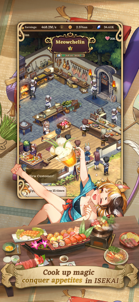 Captura de tela da jogabilidade da pousada Meowchelin apresentando personagens de anime gerenciando um restaurante e vários itens alimentícios