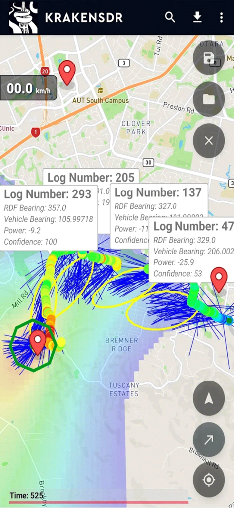KrakenSDR RDF - KrakenSDR RDF app interface displaying real-time radio signal triangulation data and bearing logs on a map.