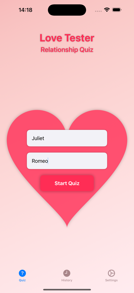 MyLove - Love Tester - Écran de démarrage de l'application MyLove Love Tester avec des champs pour entrer les noms Juliette et Roméo à l'intérieur d'un grand cœur rose.