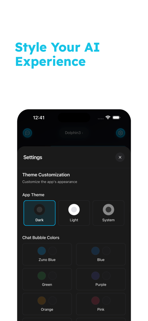Zuno - Local & Private AI Chat - Configuración de personalización de temas en la aplicación de chat IA privada Zuno mostrando modo oscuro y opciones de color