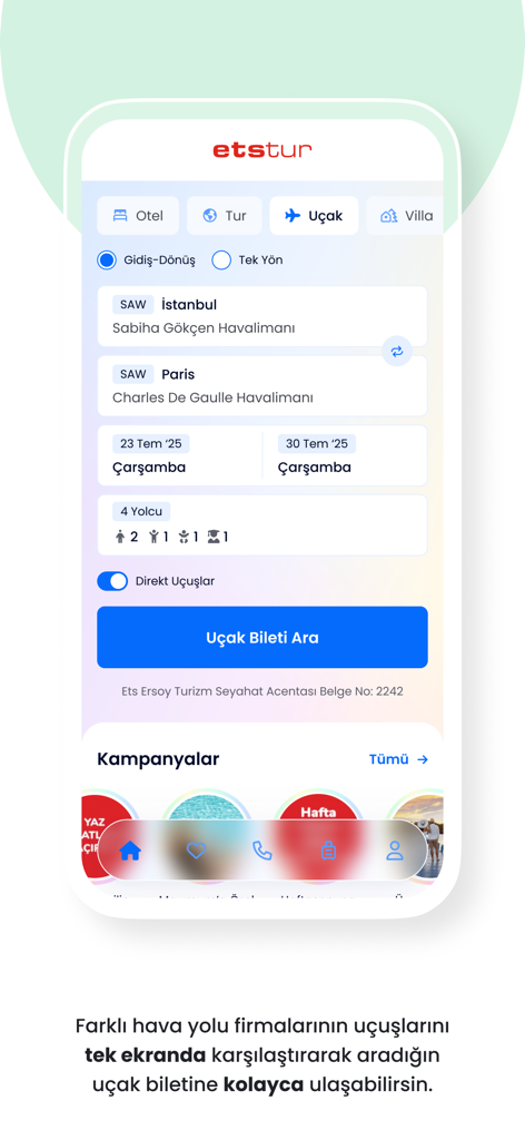 Etstur app flight search interface showing options for round trip tickets and passenger selection