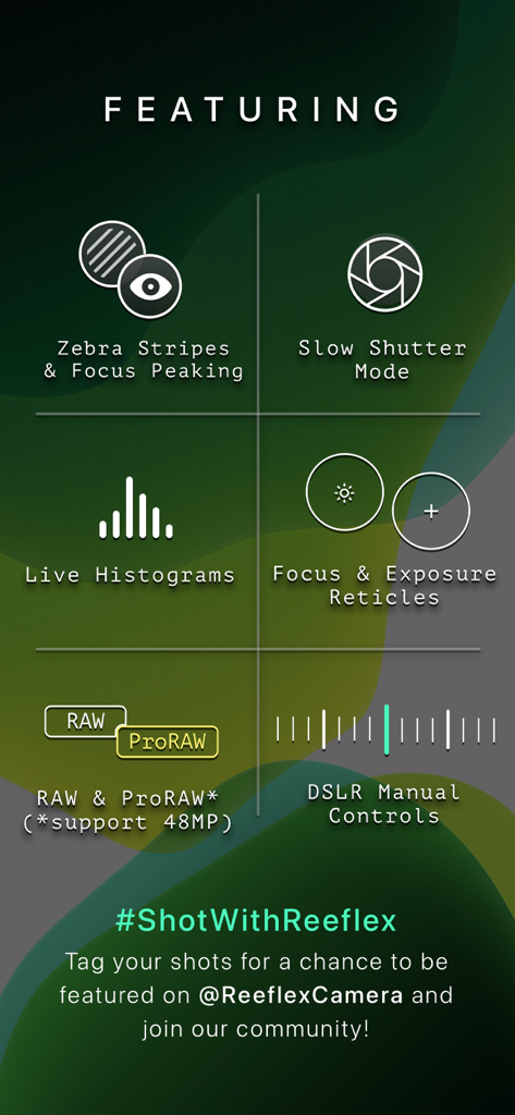 List of professional features for the Reeflex camera app including manual controls and RAW support