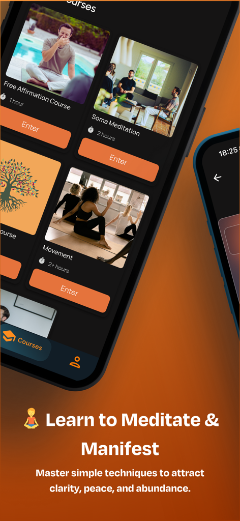 Soma: Wellness & Meditation - Soma app interface featuring various meditation and manifestation courses like affirmations and movement sessions