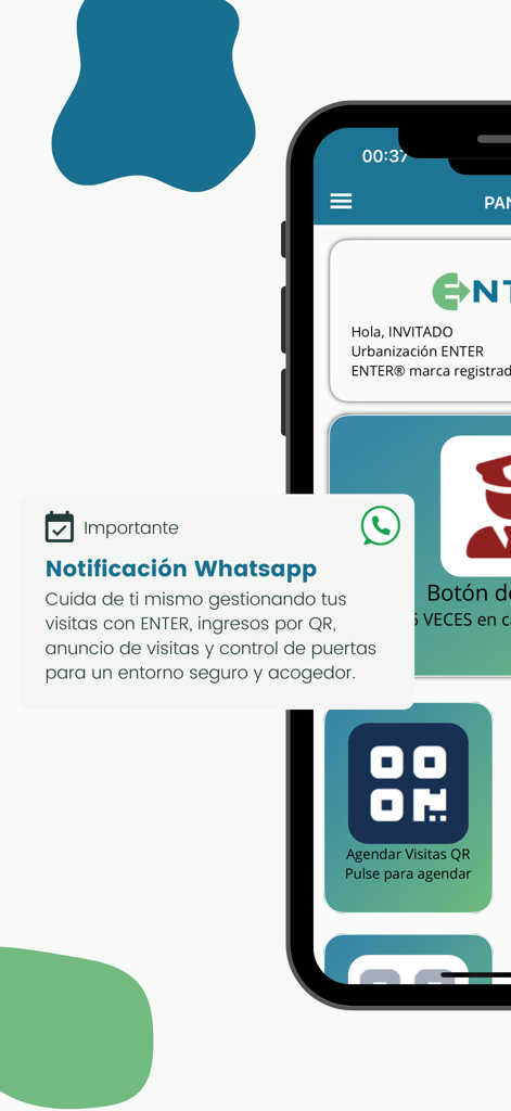 ENTER App - Interface móvel do ENTER App mostrando uma notificação do WhatsApp para gerenciamento de visitantes e agendamento de acesso por QR code.