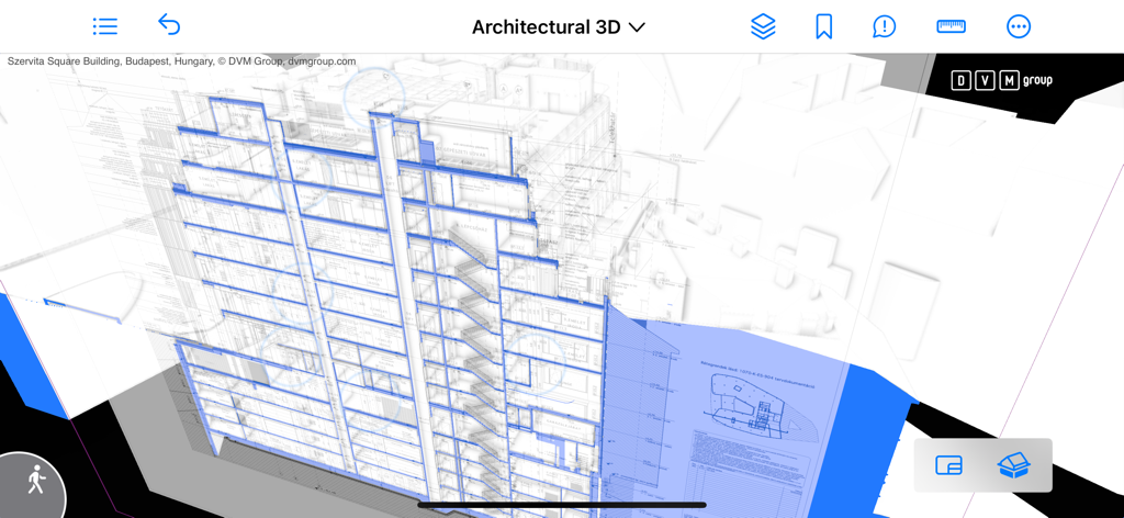 BIMx - BIMx App-Oberfläche, die ein 3D-Gebäudemodell mit einer 2D-technischen Zeichnungsüberlagerung für architektonische Visualisierung zeigt.