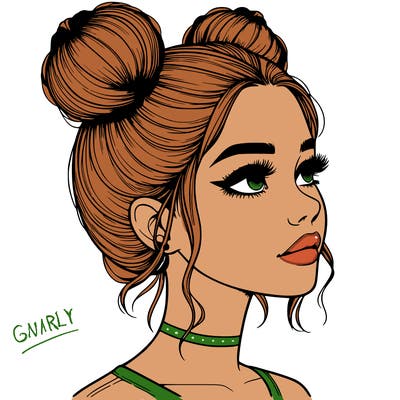 realistic girl with buns on the top of her head