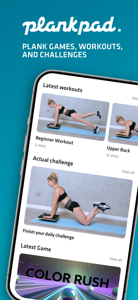 Interfaccia dell'app mobile Plankpad con piani di allenamento, sfide giornaliere e giochi fitness interattivi