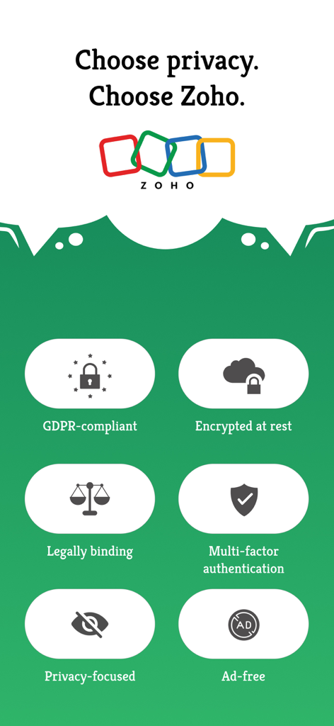 An infographic highlighting Zoho Sign security features like GDPR compliance, encryption, and multi-factor authentication.