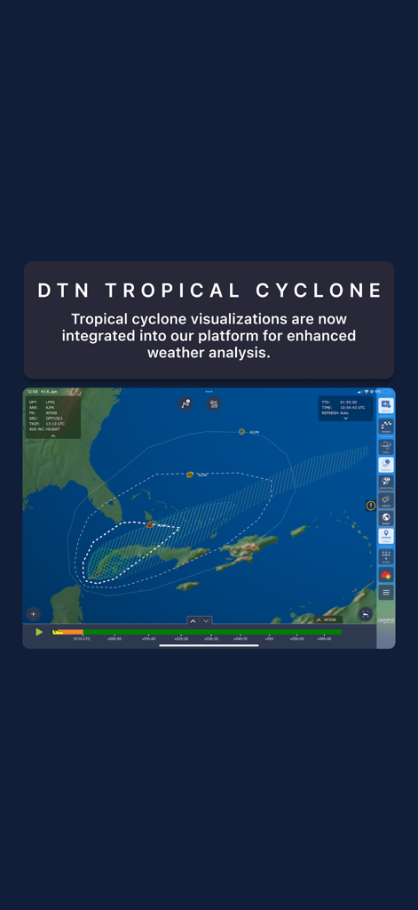 Interface de l'application SITA eWAS affichant le suivi des cyclones tropicaux DTN et la visualisation de la trajectoire de vol