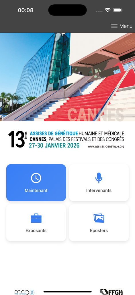 Home screen of the Assises de Genetique mobile app for the 2026 medical congress in Cannes