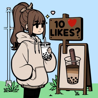 girl with oversized hoodie drinking boba and she has a high ponytail with a sign that says 10likes?
