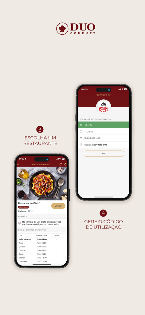 Two mobile screens showing how to select a restaurant and generate a digital voucher code for a BOGO dining deal in the Duo Gourmet app
