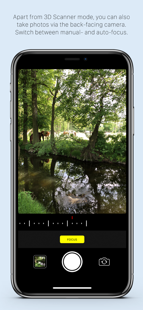 Heges 3D Scanner app displaying its color camera mode with manual focus controls on an iPhone screen