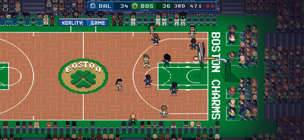 Hoop Land - Un juego de baloncesto retro de pixel art en Hoop Land que muestra un partido entre Dallas y Boston