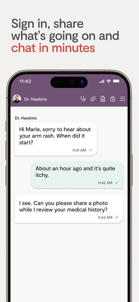 Secure chat interface in the Maple app for 24/7 virtual medical consultations.