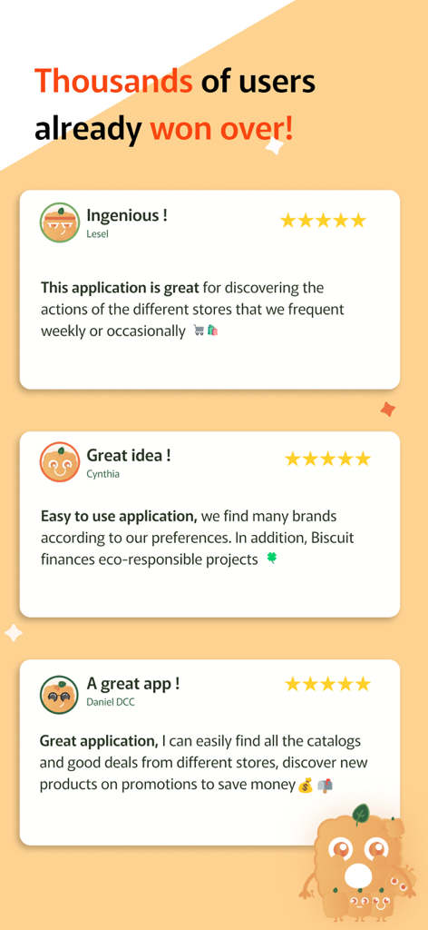 Biscuit - Reseñas de usuarios de cinco estrellas para la aplicación Biscuit destacando ofertas de compras y proyectos eco-responsables.