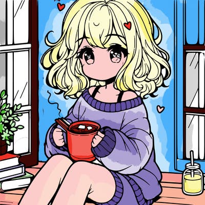 cute anime girl reading book and drinking hot chocolate from mug with loose wavy hair wearing a baggy sweatshirt and shorts sitting by windowsill looking out