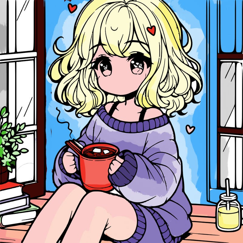 cute anime girl reading book and drinking hot chocolate from mug with loose wavy hair wearing a baggy sweatshirt and shorts sitting by windowsill looking out