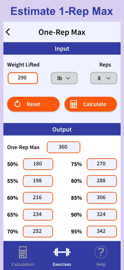 Interface of the ExRx.net one-rep max calculator showing weight lifted input and percentage breakdown results.