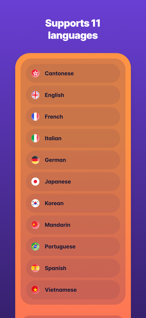 A list showing the 11 languages supported by the Migaku app including Japanese Korean and Mandarin