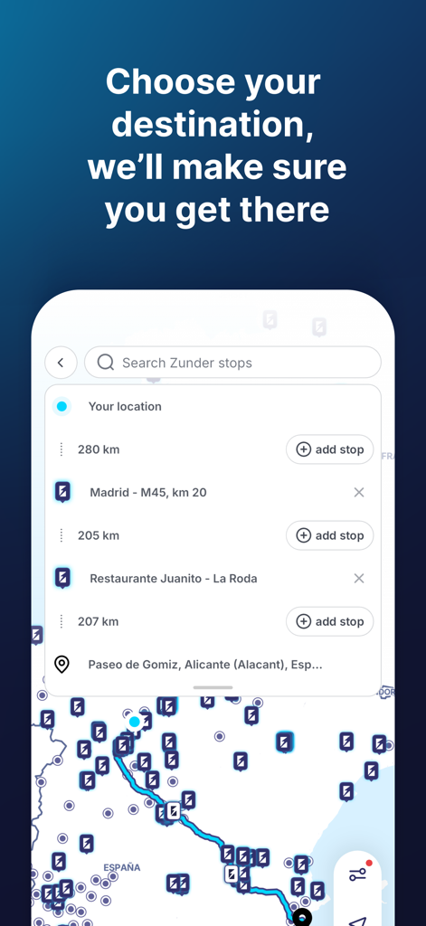 Zunder app route planner interface showing electric vehicle charging stops on a map across Spain