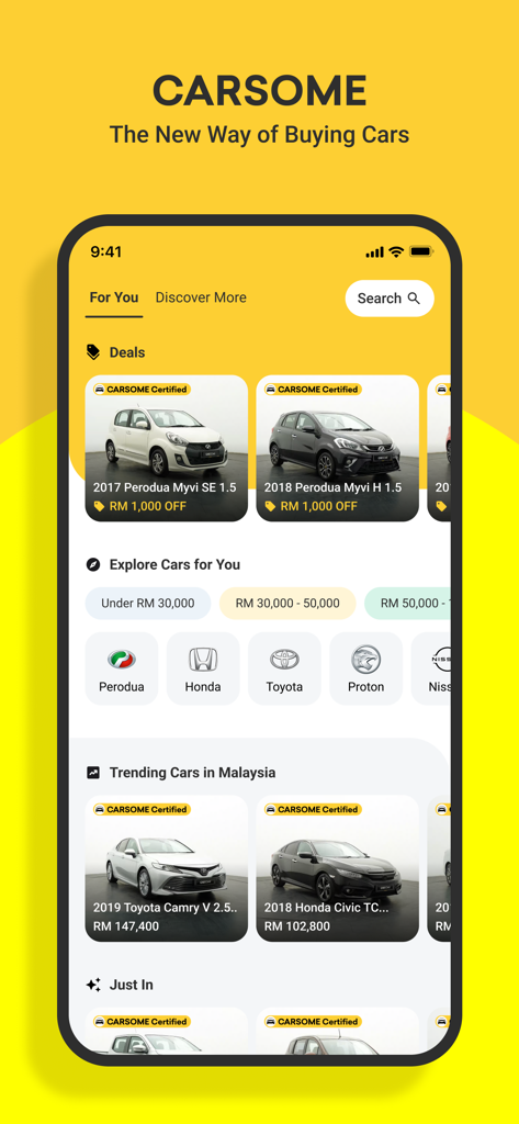 CARSOME: Buy,Sell,Service Cars - Interface da aplicação móvel CARSOME mostrando uma lista de carros usados certificados para venda na Malásia
