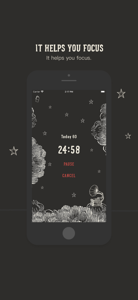 Focus Tomato - Let's focus now - Interfaz de la aplicación Focus Tomato que muestra un temporizador de cuenta atrás con un tema oscuro e ilustraciones dibujadas a mano