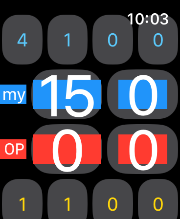 Apple Watch上のTennis Watchアプリのインターフェース。現在のゲームスコアが15対0で表示されています。