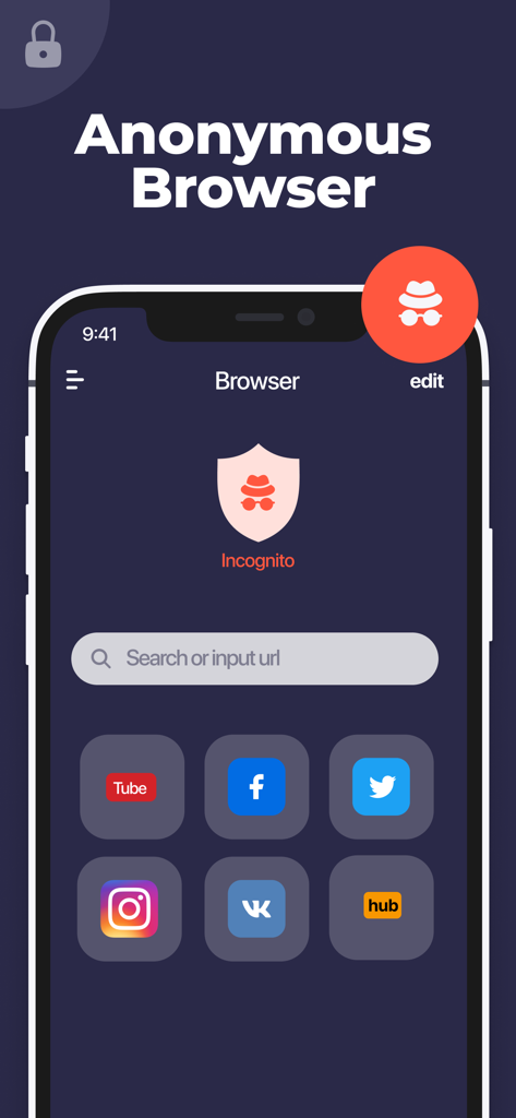 Interface do navegador anônimo dentro do aplicativo de cofre privado com modo anônimo e links rápidos para redes sociais.