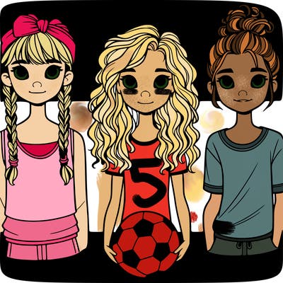 three girls one tomboy one girly girl and the other one is a soccer girl and one has braids and one has really curly hair and the other one has a messy bun they look like real people and there 11 to 14
