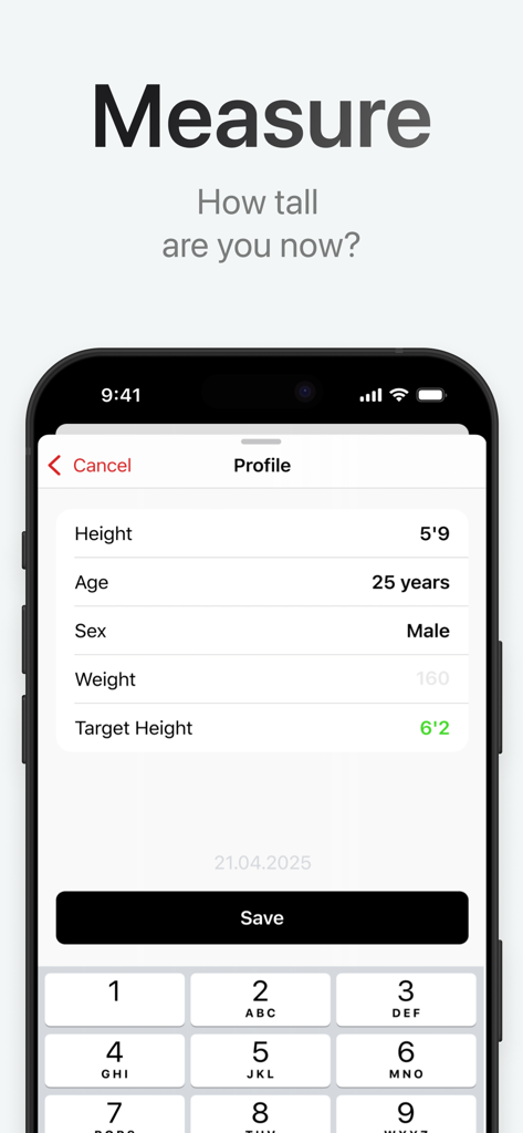 Height Increase: Correction - A mobile app profile screen showing fields for current height age sex weight and target height with a save button
