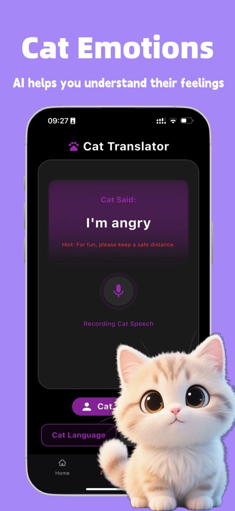 Pettaa app screenshot showing the AI cat translator feature translating sounds into emotions like I am angry.