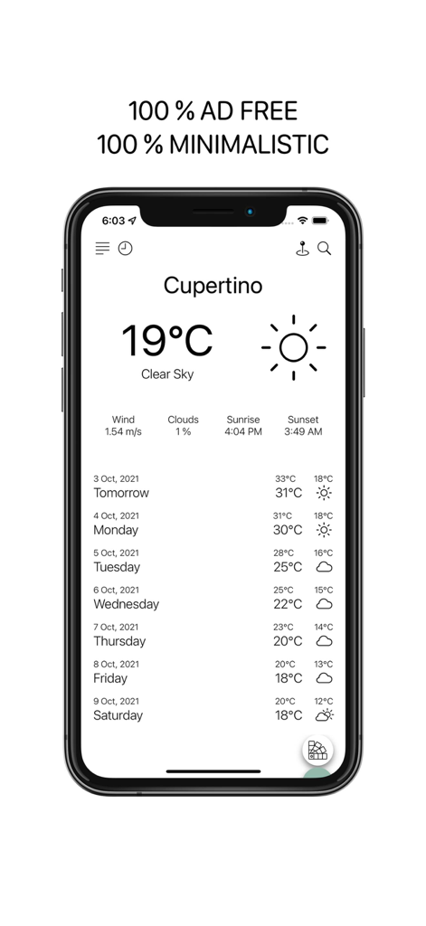 Interface of the Minimalistic Weather App on an iPhone showing current temperature and 7 day forecast