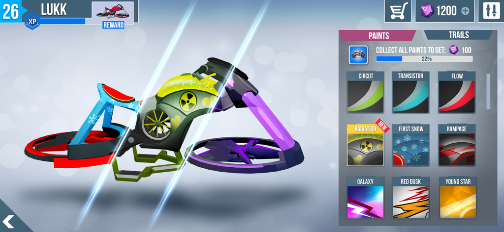 Gravity Rider Zero - Menu di personalizzazione di moto hover futuristica in Gravity Rider Zero che mostra varie skin di vernice e opzioni di scia.