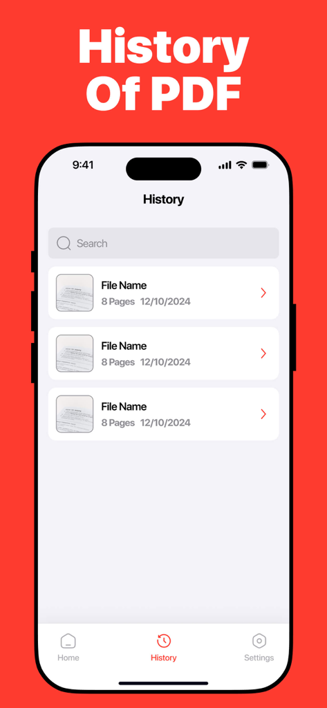 PDF Converter: Convert to PDFㅤ - Schermata iPhone che visualizza un elenco cronologico di documenti PDF convertiti, inclusi nomi di file e date.