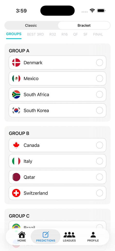 WC 2026 Predictor - World Cup 2026 Predictor app interface showing group stage team selections in bracket mode