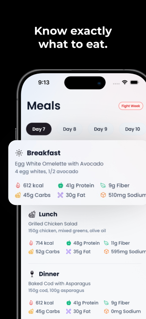 CutCoach app screen showing a detailed meal plan for fight week with nutritional data for breakfast lunch and dinner.