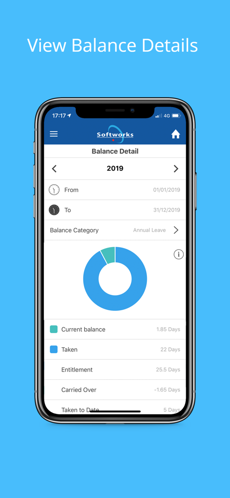Softworks Self Service App - Softworks Self Service App screen showing annual leave balance details and tracking chart