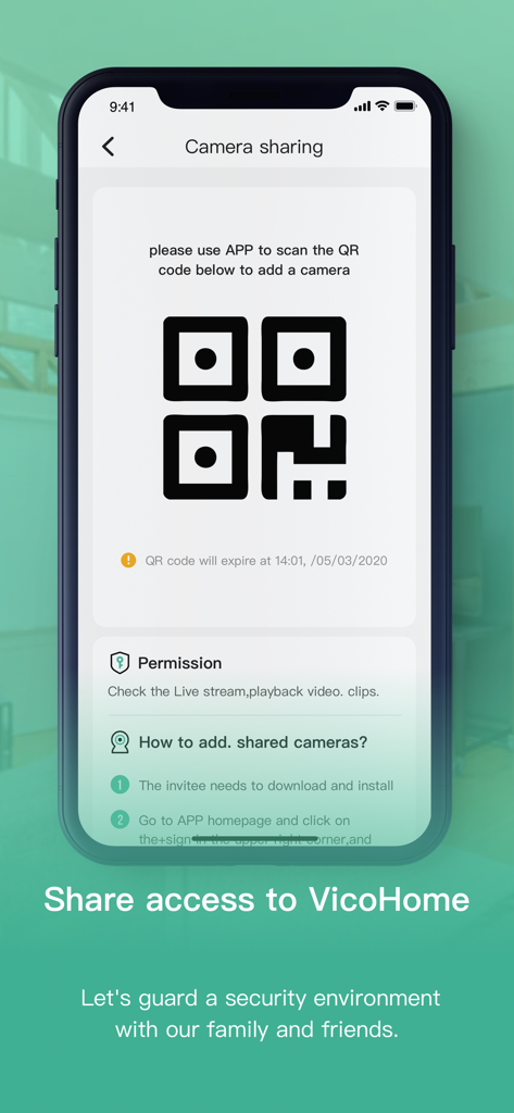 VicoHome: Smart Home Camera - Tela do aplicativo VicoHome exibindo um código QR para compartilhar o acesso à câmera com familiares e amigos.