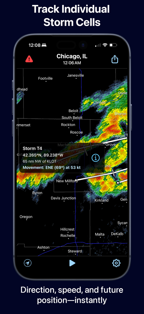 Radar Pro X - Radar Pro X interface tracking individual storm cell speed and direction