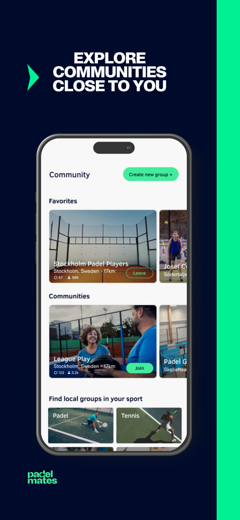 Padel Mates app screen displaying local community groups for padel and tennis