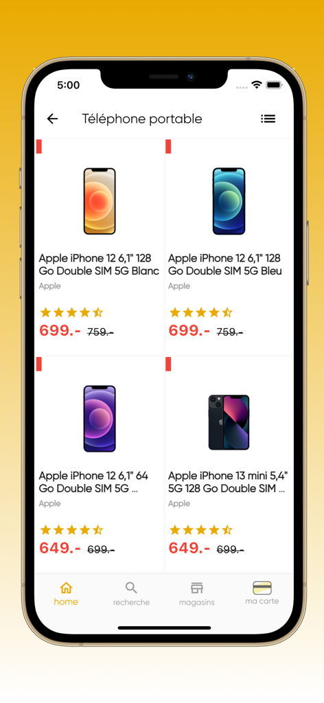 App mobile Fnac Svizzera che visualizza un catalogo di modelli di iPhone Apple con prezzi e valutazioni
