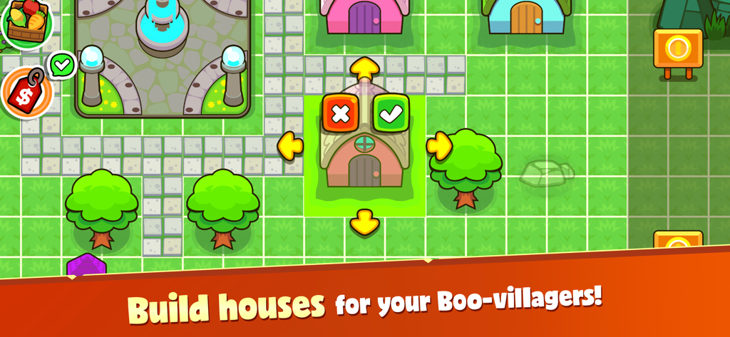 My Boo Town Pocket World Game - Gameplay screenshot of My Boo Town showing the grid system to build and place houses