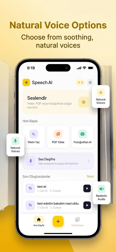 Text to Speech: Speech AI - Interfaz de la aplicación Speech AI que muestra la selección de voz natural y las funciones de conversión de texto a voz.