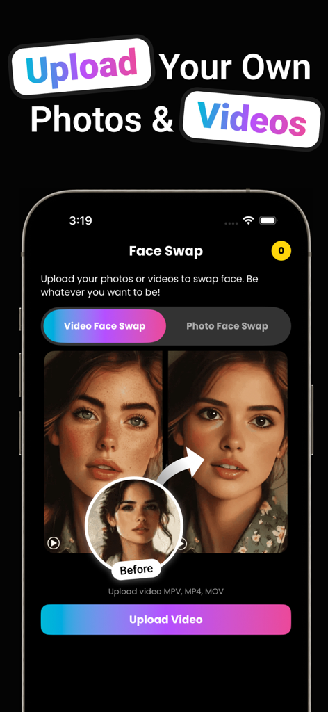 Face Swap AI Video - Facetik - Facetik app interface showing the video face swap feature and upload button