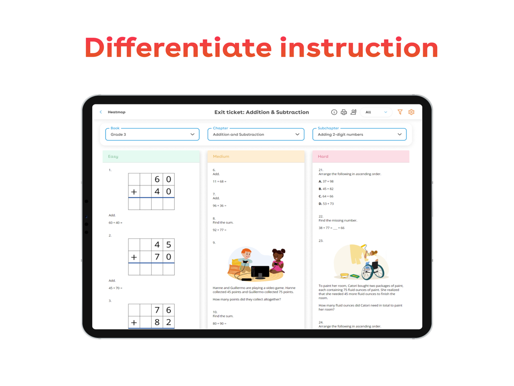 Magma Math - Magma Math app interface displaying differentiated math problems categorized into easy, medium, and hard columns for personalized student learning.