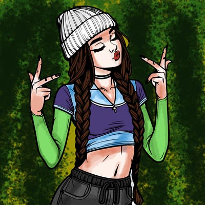 realistic teenage girl with braids and a beanie and crop top doing 🫶🏼